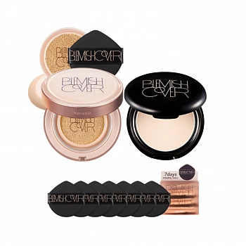 Маскирующий кушон с полуматовым финишем + Маскирующая компактная пудра + Паффы 01 Blemish Cover Conceal Cushion (Semi-matte) + Blemish Cover Blur Pact + Puff Set 01